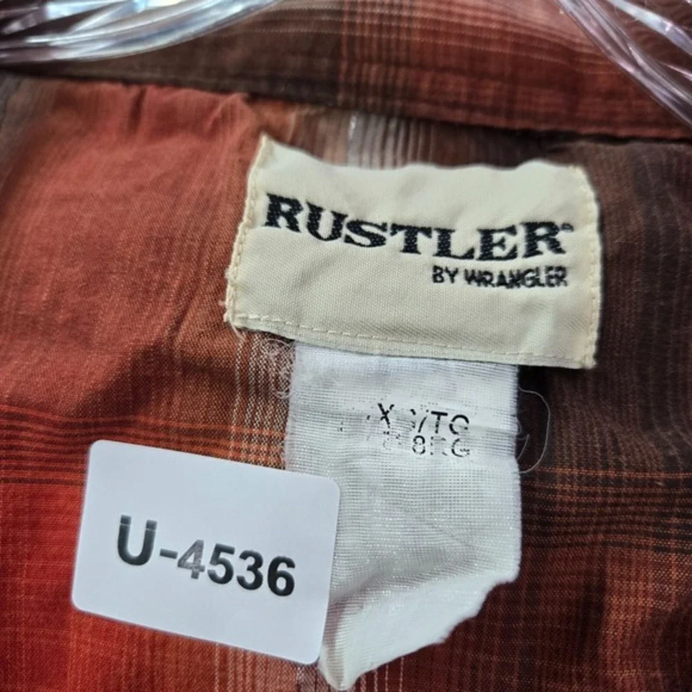 Wrangler‎ Rustler Men Button Up Shirt XL Orange Plaid Western Pearl Snap